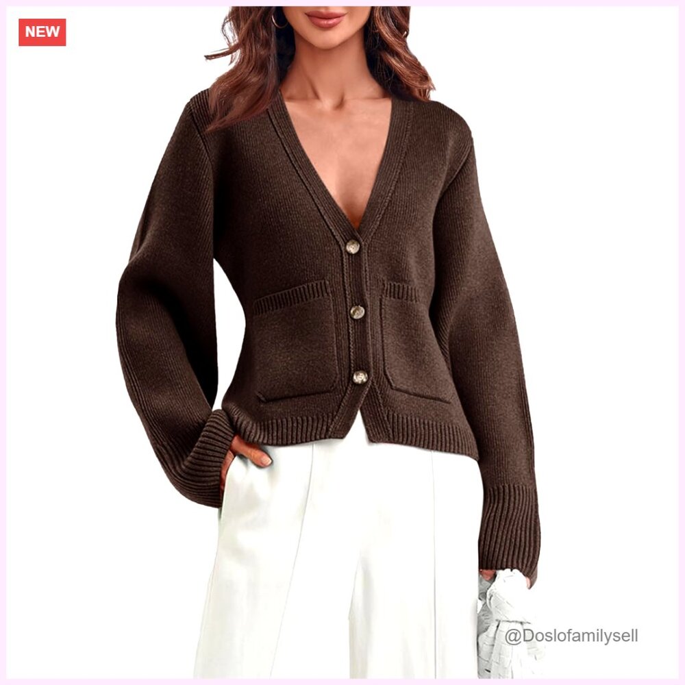Deep V Neck Cropped Cardigan With Pockets, Button Front, Knit